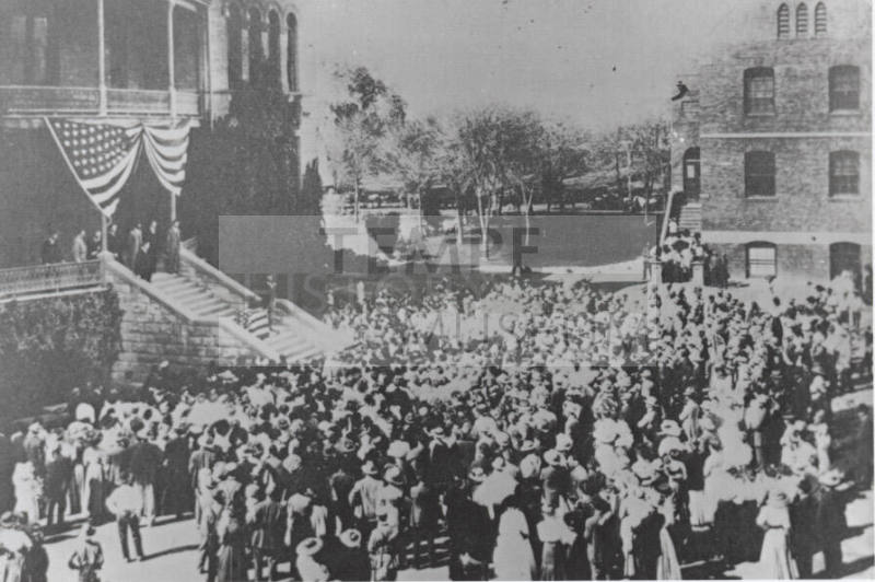 Theodore Rosevelt speaking from the steps of Old Main