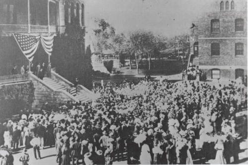 Theodore Rosevelt speaking from the steps of Old Main
