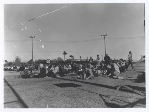 Crowd of anti-war protesters seated in the grass