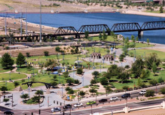 View from Tempe Butte: Tempe Town Lake, Beach Park, Railroad Bridge