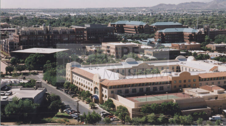 View from Tempe Butte: Mission Palms Hotel, Tempe City Hall