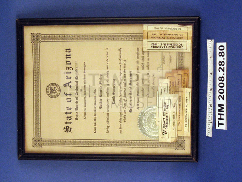 Luther Finley's Arizona Registered Land Surveyor Framed Certificate