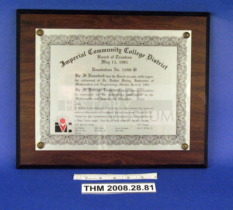 Luther Finley Retirement Plaque
