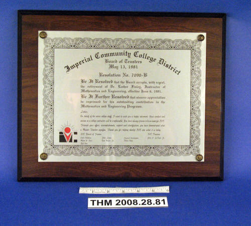 Luther Finley Retirement Plaque