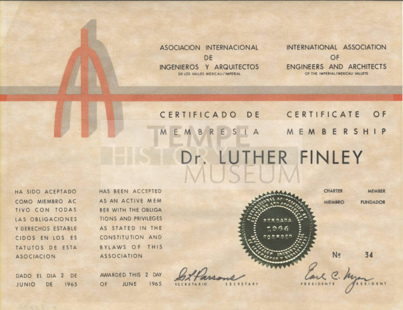 Luther Finley's Membership Certificate in the International Association of Engineers and Architects