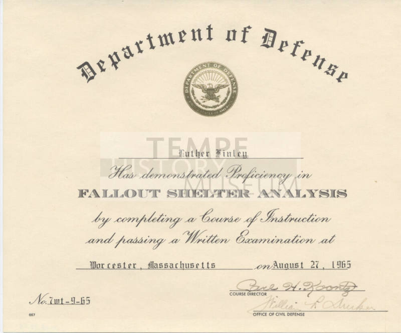 Luther Finley's Department of Defense Fallout Shelter Analysis Course Completion Certificate, 1965
