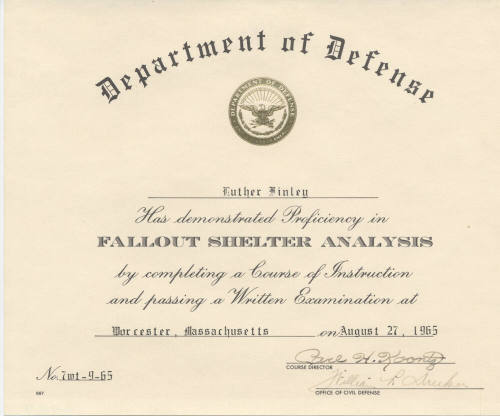 Luther Finley's Department of Defense Fallout Shelter Analysis Course Completion Certificate, 1965