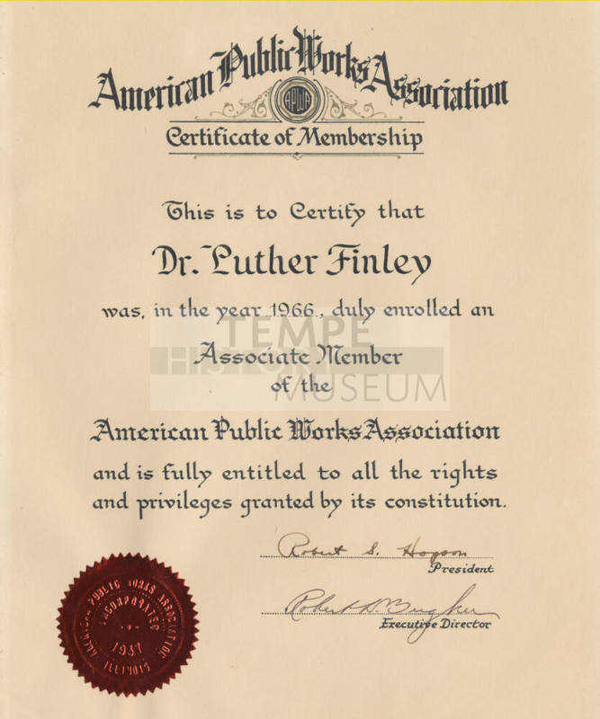 Luther Finley's American Public Works Association Membership Certificate