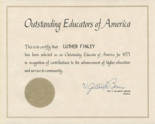 Luther Finley's Certificate of Membership in Outstanding Educators of America, 1971