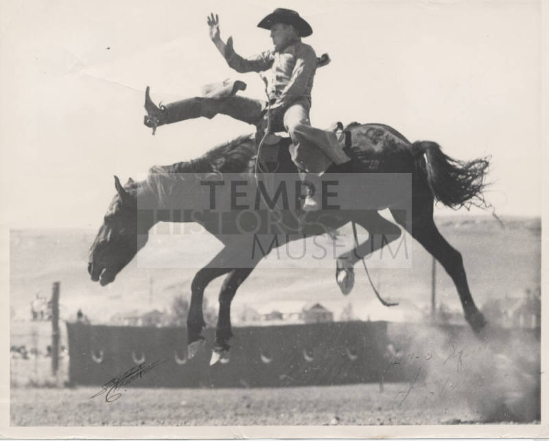 B/W Photo of a Bareback Rider on a Bucking Bronc