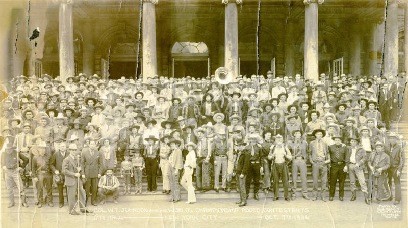Col. W. T. Johnson and his World's Championship Rodeo Contestants, 1936, New York City