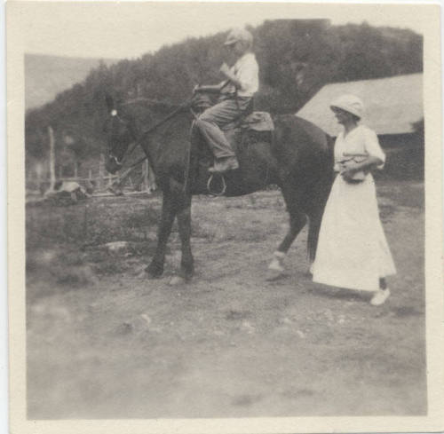 Mrs. Goodfellow and Harold on horseback at the Natural Bridge.