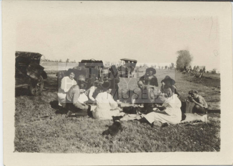 Group Roadside Picnic with Automobiles