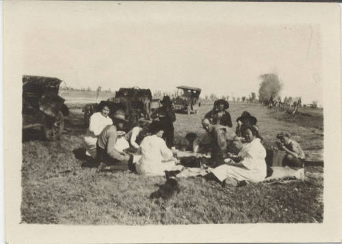 Group Roadside Picnic with Automobiles
