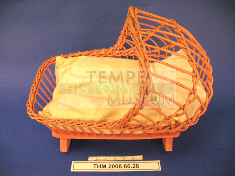 Pink Wicker Doll Cradle with Mattress and Pillows