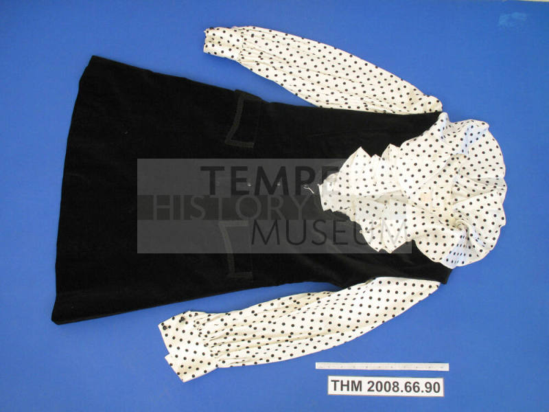 Black velvet jumper with white polka dot blouse