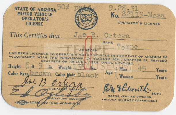 Arizona Driver's License for Joe B. Ortega, 1931