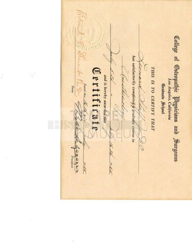 College of Osteopathic Physicians and Surgeons Los Angeles Certificate for course in Anesthesiology 1955