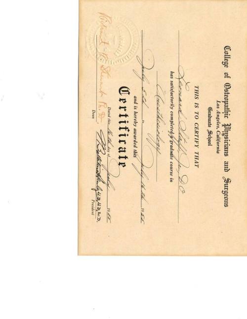 College of Osteopathic Physicians and Surgeons Los Angeles Certificate for course in Anesthesiology 1955