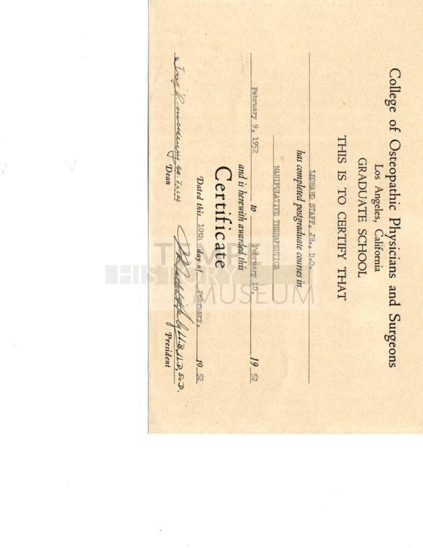 College of Osteopathic Physicians and Surgeons, Los Angeles, CA Graduate School Manipulative Therapeutics 1952