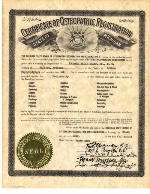 Certificate of Osteopathic Registration from State of Michigan to Arizona for Leonard Staff, Jr.