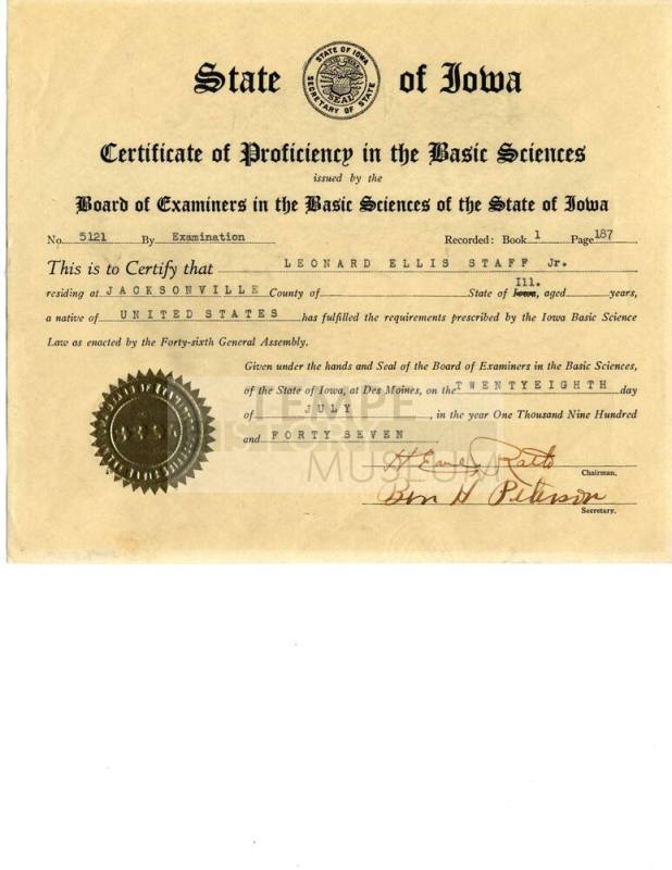 State of Iowa Certificate of Proficiency in the Basic Sciences of State of Iowa -- Leonard Staff, Jr.