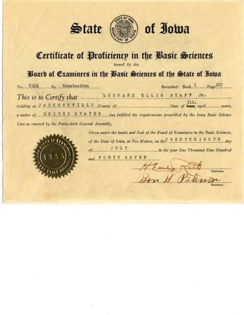 State of Iowa Certificate of Proficiency in the Basic Sciences of State of Iowa -- Leonard Staff, Jr.