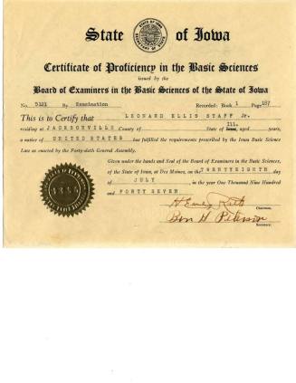 State of Iowa Certificate of Proficiency in the Basic Sciences of State of Iowa -- Leonard Staff, Jr.