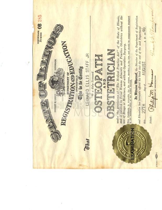 State of Illinois license for Leonard Ellis Staff, Jr. as Osteopath and Obstetrician