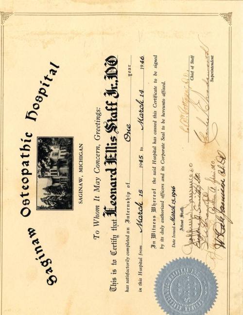 Saginaw Osteopathic Hospital One Year Internship Certificate, 1946