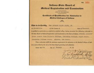 Certificate of Qualification for Admission to Medical Colleges of Indiana for Leonard Staff, Jr.