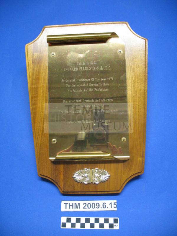 Plaque for Leonard Ellis Staff, Jr.: D.O. General Practitioner of the Year 1971