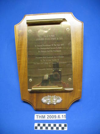 Plaque for Leonard Ellis Staff, Jr.: D.O. General Practitioner of the Year 1971