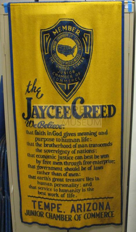 Large felt banner with Jaycee Creed, blue and gold