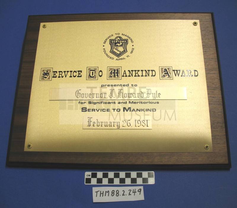 Sertoma "Service to Mankind" Award Plaque to Gov. J. Howard Pyle