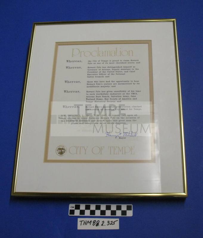 Framed Proclamation Honoring Gov. Pyle on this 80th Birthday