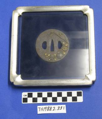 Tsuba (Japanese sword guard with flowers, teapot) framed