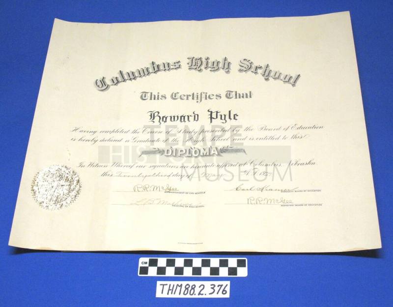 Howard Pyle's Columbus High School Graduation Diploma, Columbus Nebraska, 1924