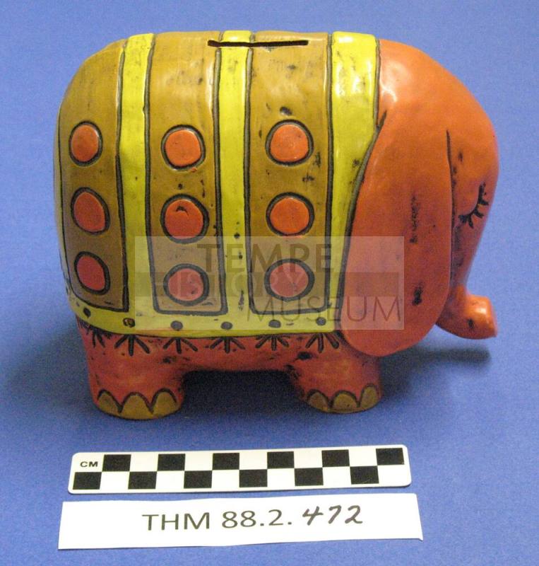 Elephant Figurine, yellow striped ceramic bank