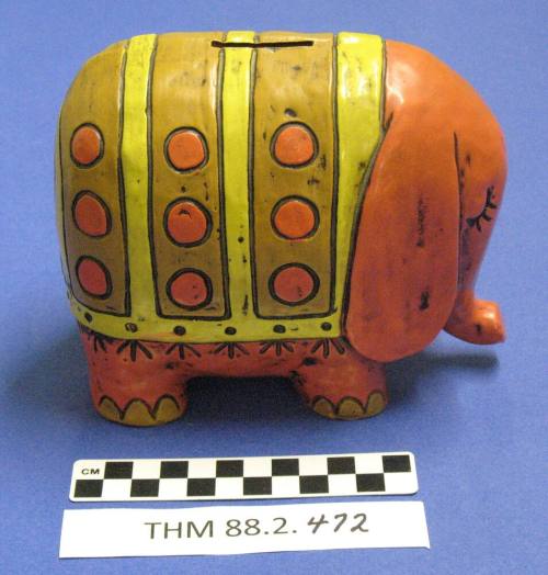 Elephant Figurine, yellow striped ceramic bank