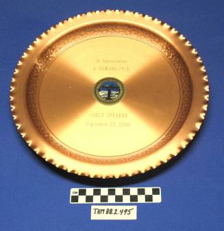 Copper plate "J. Howard Pyle guest speaker, Sept. 25, 1986."