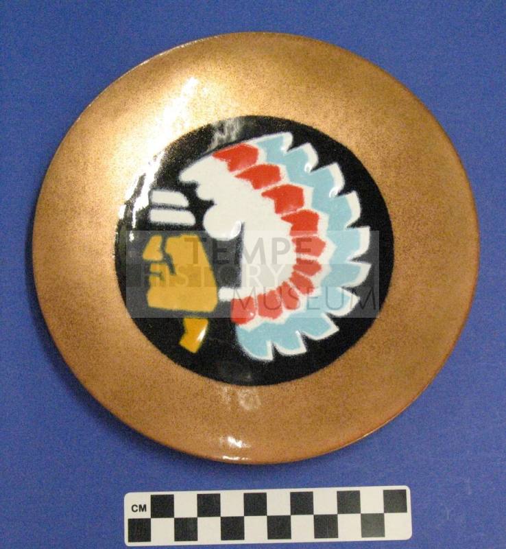 Indian head plate - copper, turquoise, white, red feathers