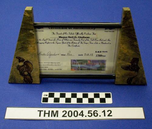 Framed Certificate of Authenticity...Legal Owner of Part of Salt River Bed (Tempe Town Lake) to Mayor Neil G. Giuliano