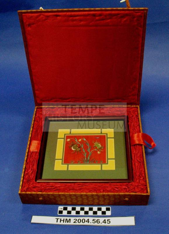 Cinese Embroidery on silk, matted, framed in ornate box