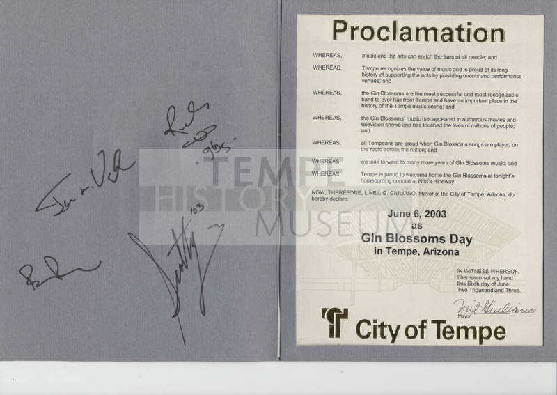 "Gin blossoms Day in Tempe" 06/06/03 Proclamation autographed