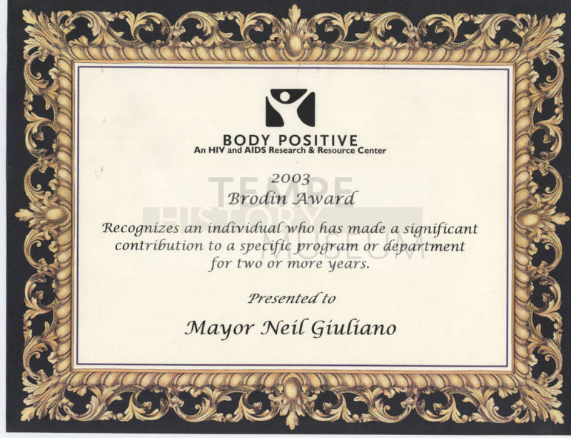 Body Positive HIV/AIDS research center 2003 brodin award to Neil Giuliano