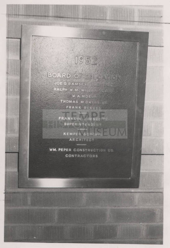 Photograph (B/W) New Tempe Union High School (1952) Building Plaque
