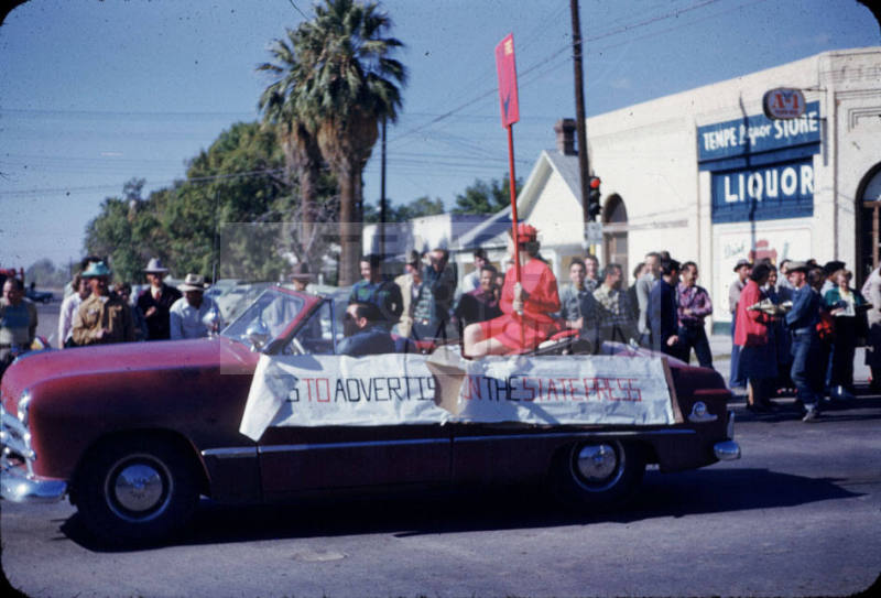 Parade:  1940s Ford Convertible Advertising The 'State Press' - Mill Avenue, Tempe