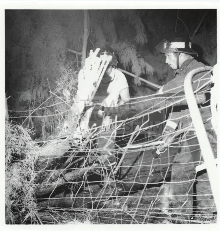 Two Firefighters at a Fence Line