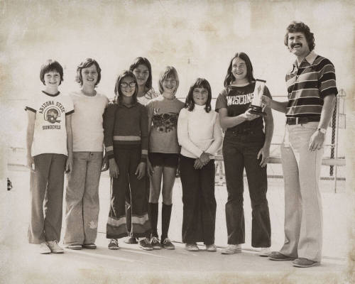 Group Photo of Volleyball Team Champions with Don Powell, Coordinator
